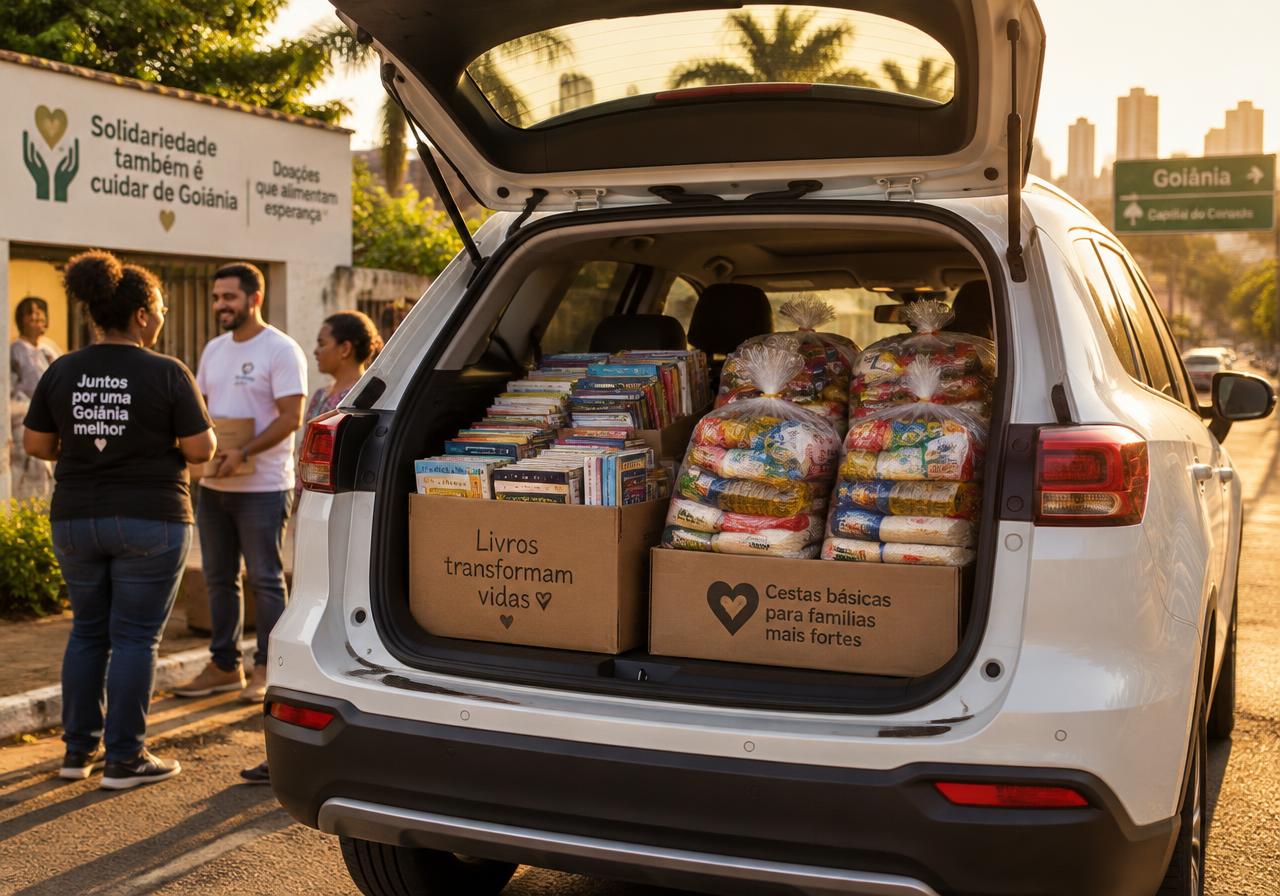 O carro do projeto levando livros e cestas